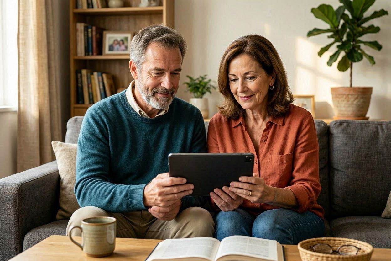 Pareja mayor usando una tablet en casa con tranquilidad