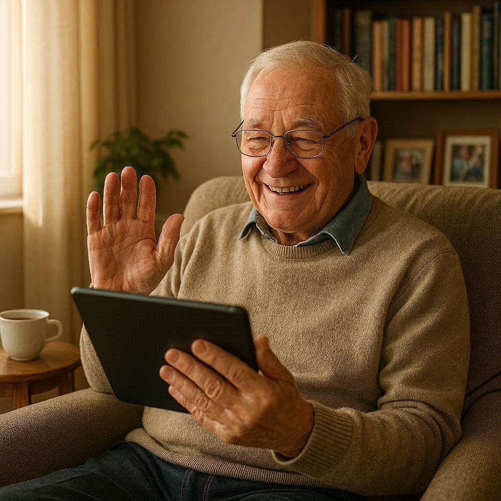 Hombre mayor sonriendo mientras usa una tablet en casa